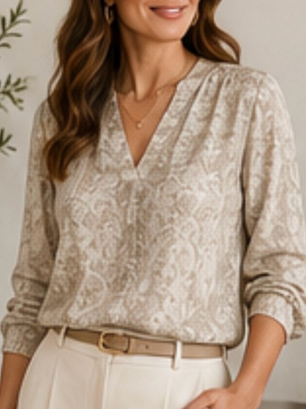 41 Hawthorn Beige Cream Snake-Print V-Neck Long-Sleeve Blouse Large